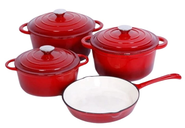 Set of red and green cookware with glass lid 